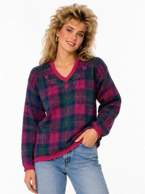 Cotton Plaid V Neck NORTHERN REFLECTIONS Sweater XL Vintage 80s